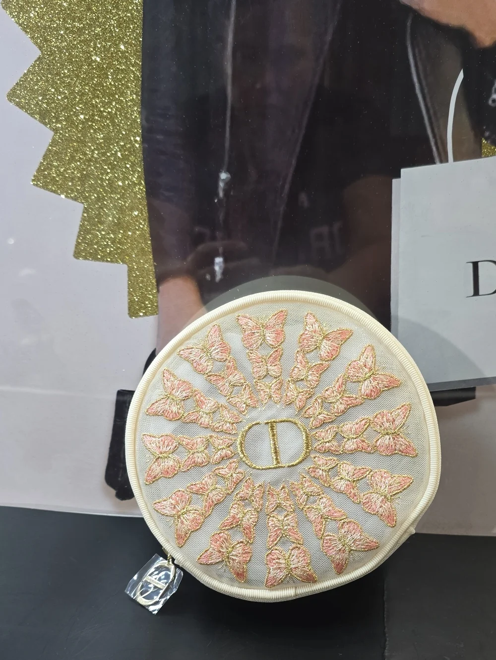 Dior Round Embroidered Cosmetic Pouch in Cream and Pink with Gold Accent